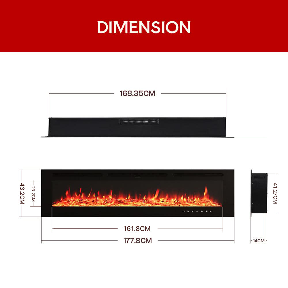 Recessed & Wall Mounted Electric Fireplace – 12 Flame Colours, 5120 BTU/h & Remote Control (40/50/60/70/80 Inch)