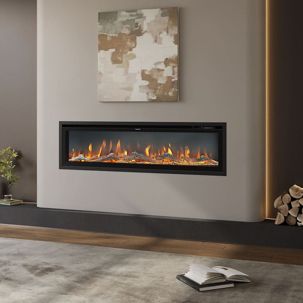 Recessed & Wall Mounted LED Electric Fireplace – 12 Flame Colours, Thermostat & Remote (40/50/60 Inch)