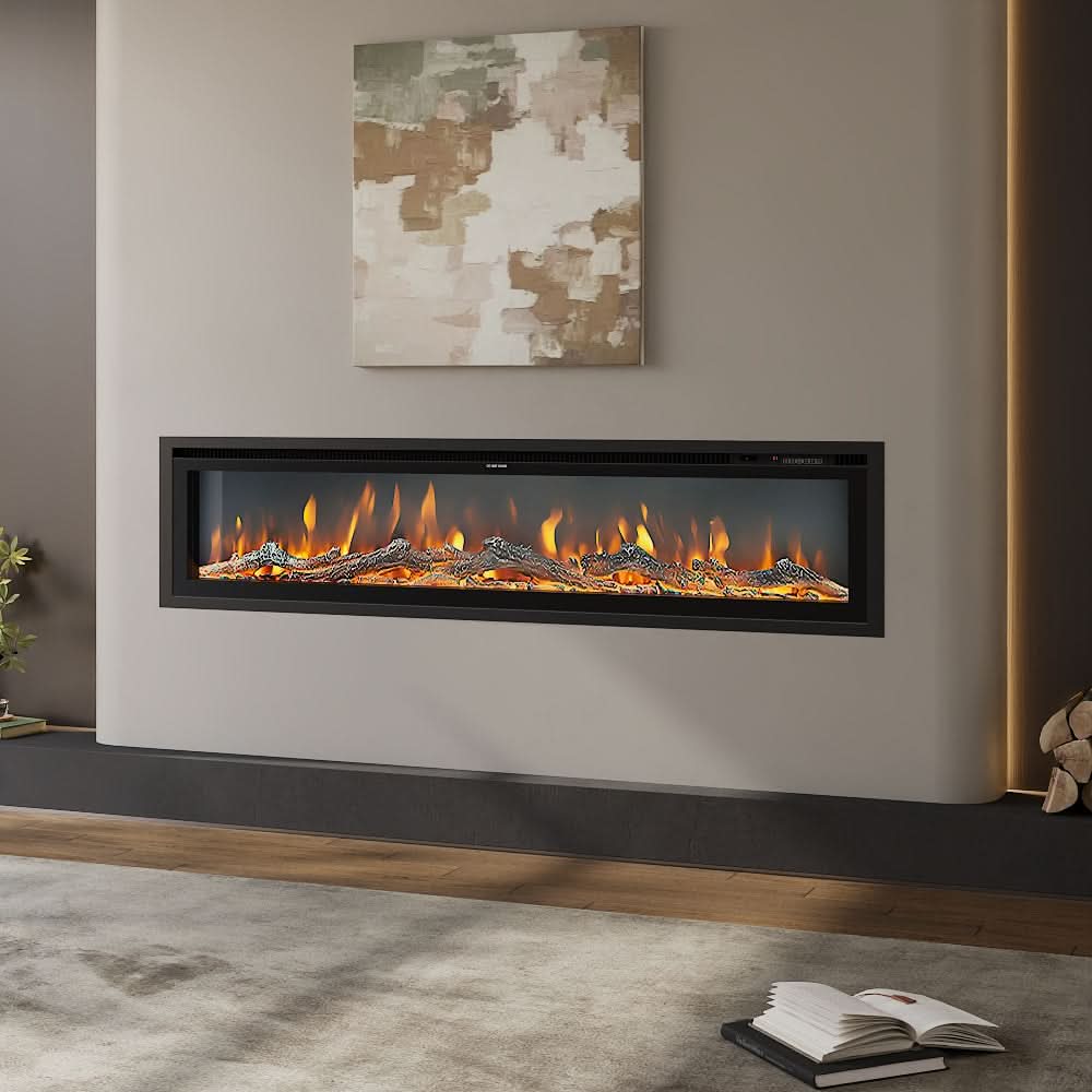 Recessed & Wall Mounted LED Electric Fireplace – 12 Flame Colours, Thermostat & Remote (40/50/60 Inch)