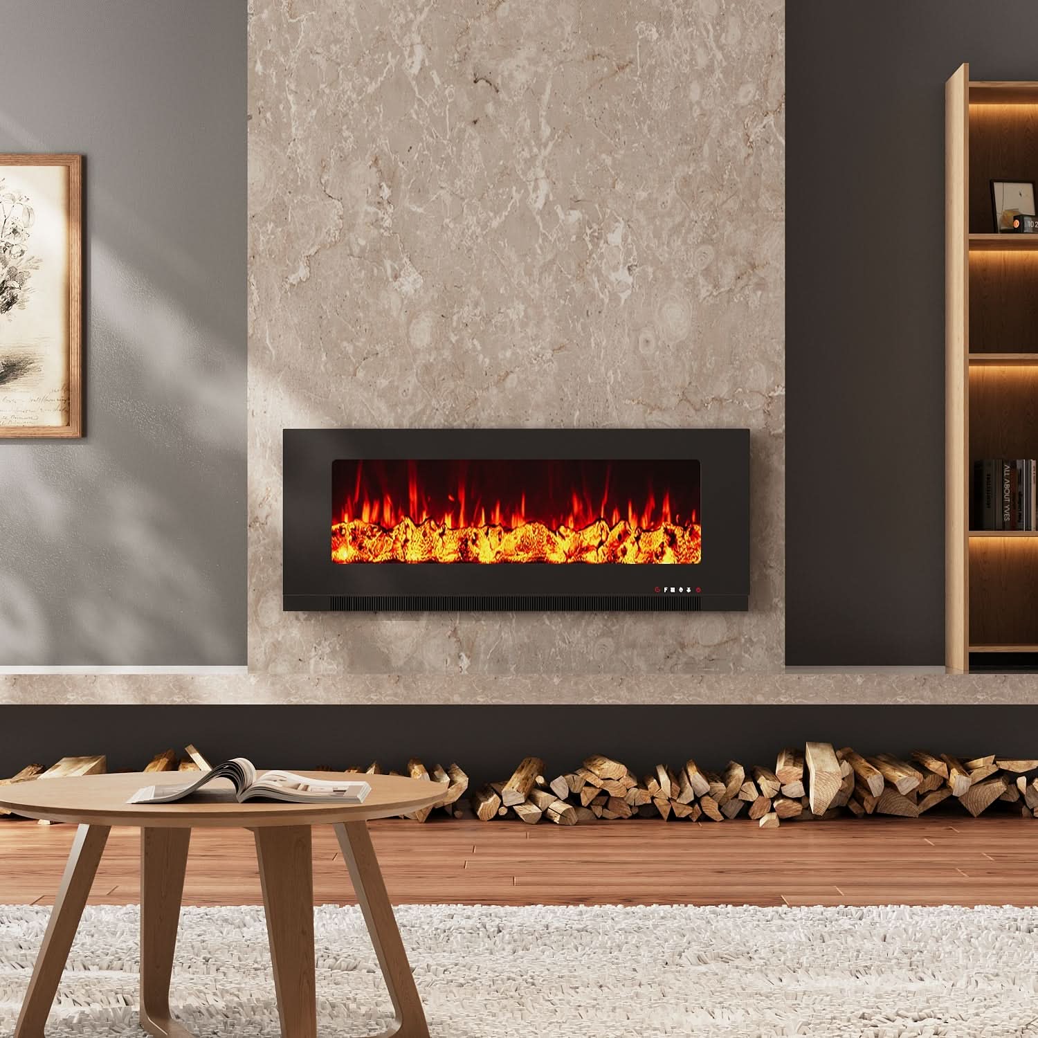 Wall Mounted Electric Fireplace – 12 Flame Colours & 5 Brightness Levels, Heats up to 400 sq ft (50/60/72 Inch)