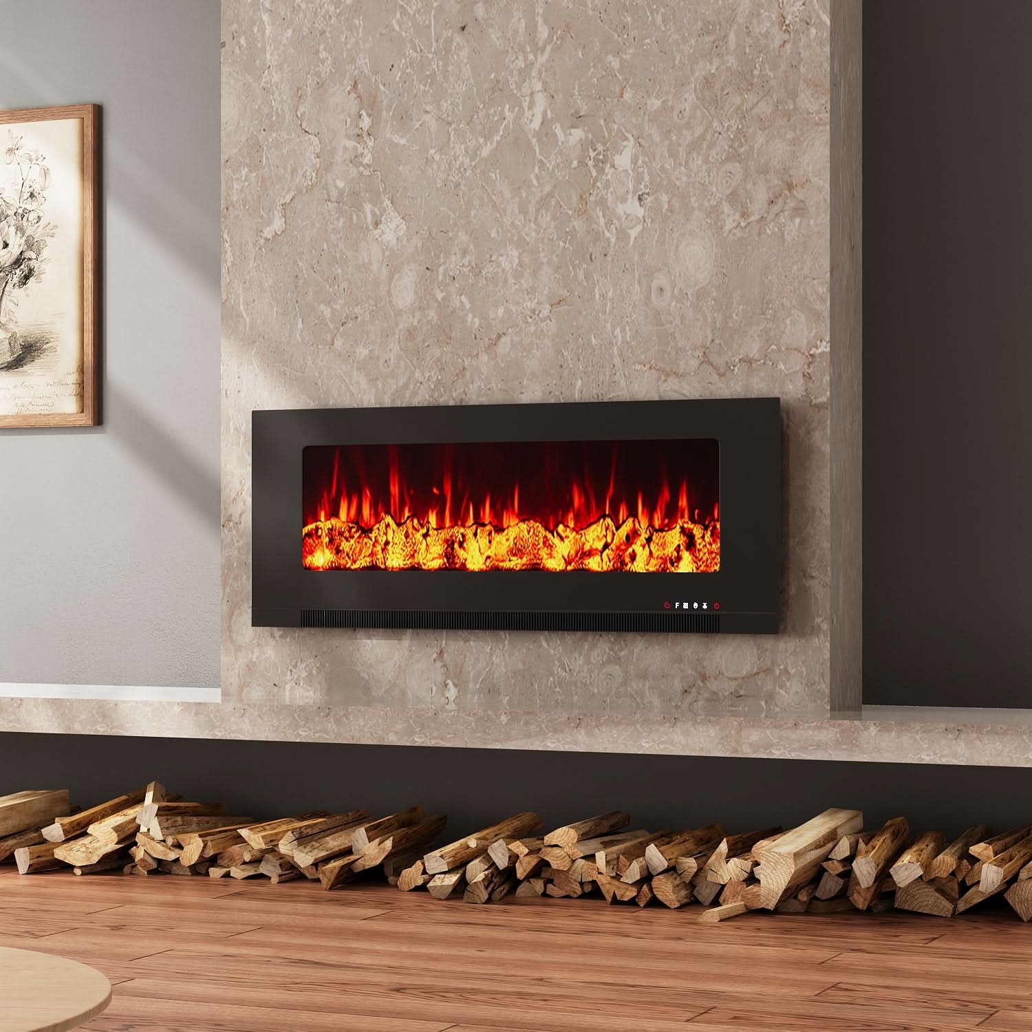 Wall Mounted Electric Fireplace – 12 Flame Colours & 5 Brightness Levels, Heats up to 400 sq ft (50/60/72 Inch)