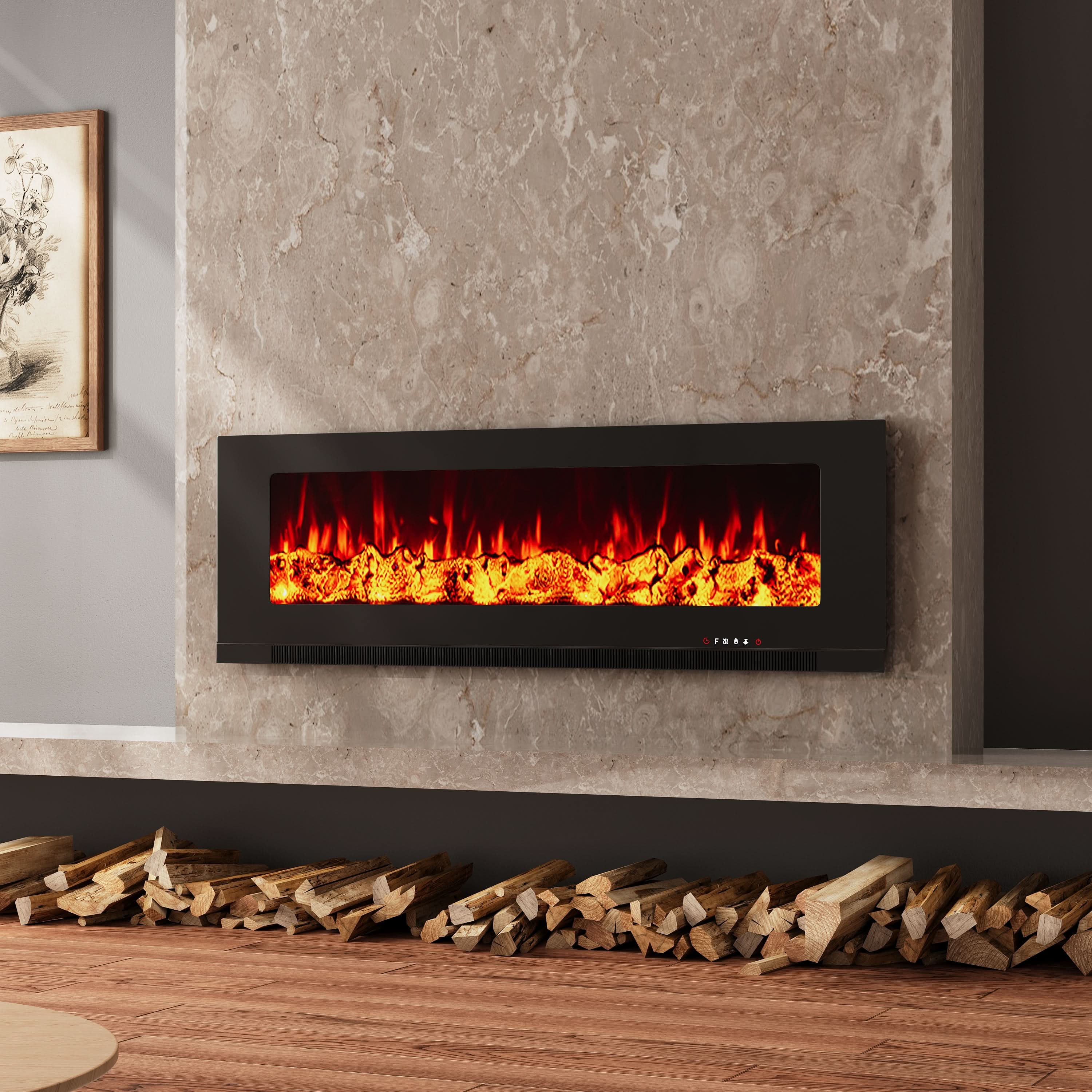 Wall Mounted Electric Fireplace – 12 Flame Colours & 5 Brightness Levels, Heats up to 400 sq ft (50/60/72 Inch)