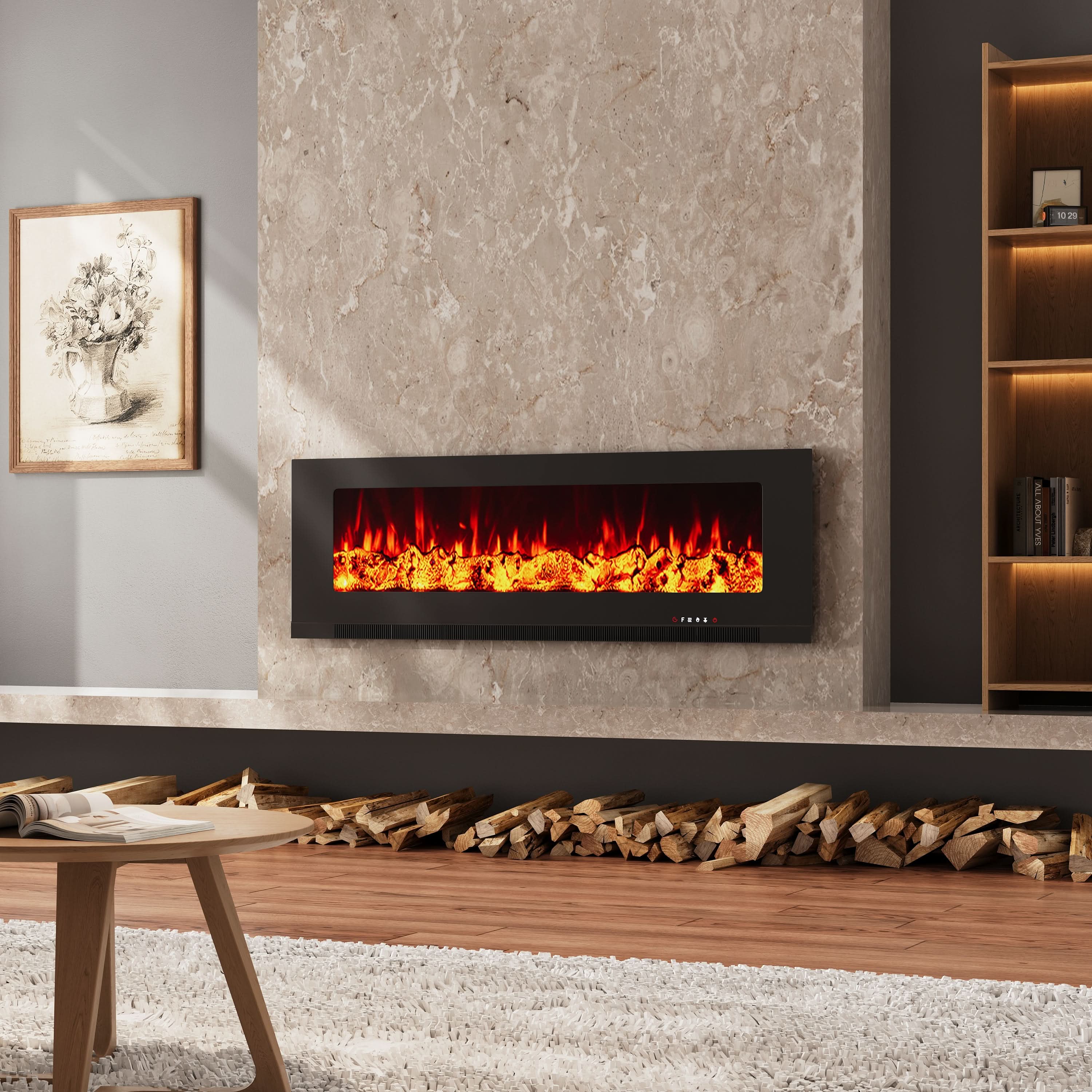 Wall Mounted Electric Fireplace – 12 Flame Colours & 5 Brightness Levels, Heats up to 400 sq ft (50/60/72 Inch)