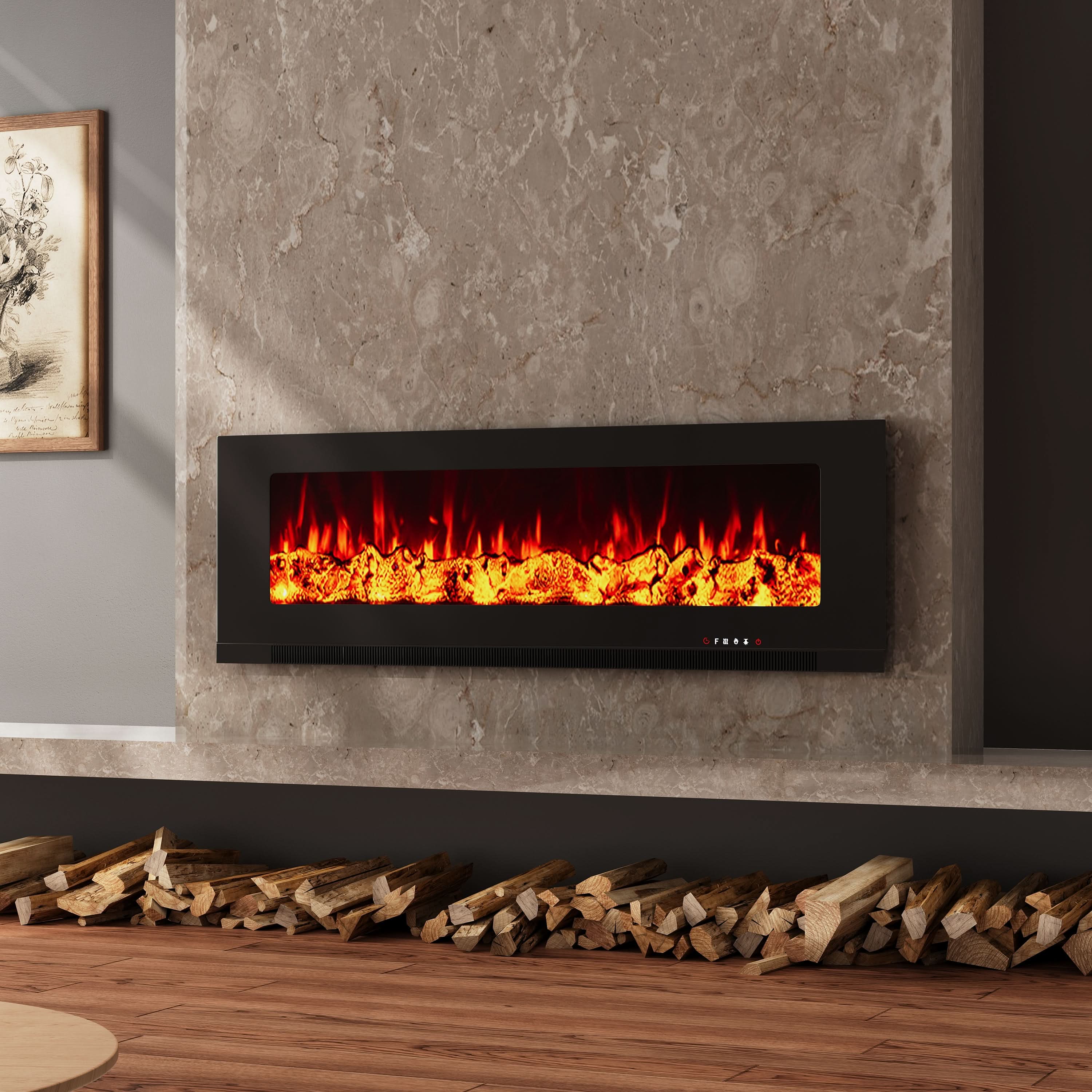 Wall Mounted Electric Fireplace – 12 Flame Colours & 5 Brightness Levels, Heats up to 400 sq ft (50/60/72 Inch)