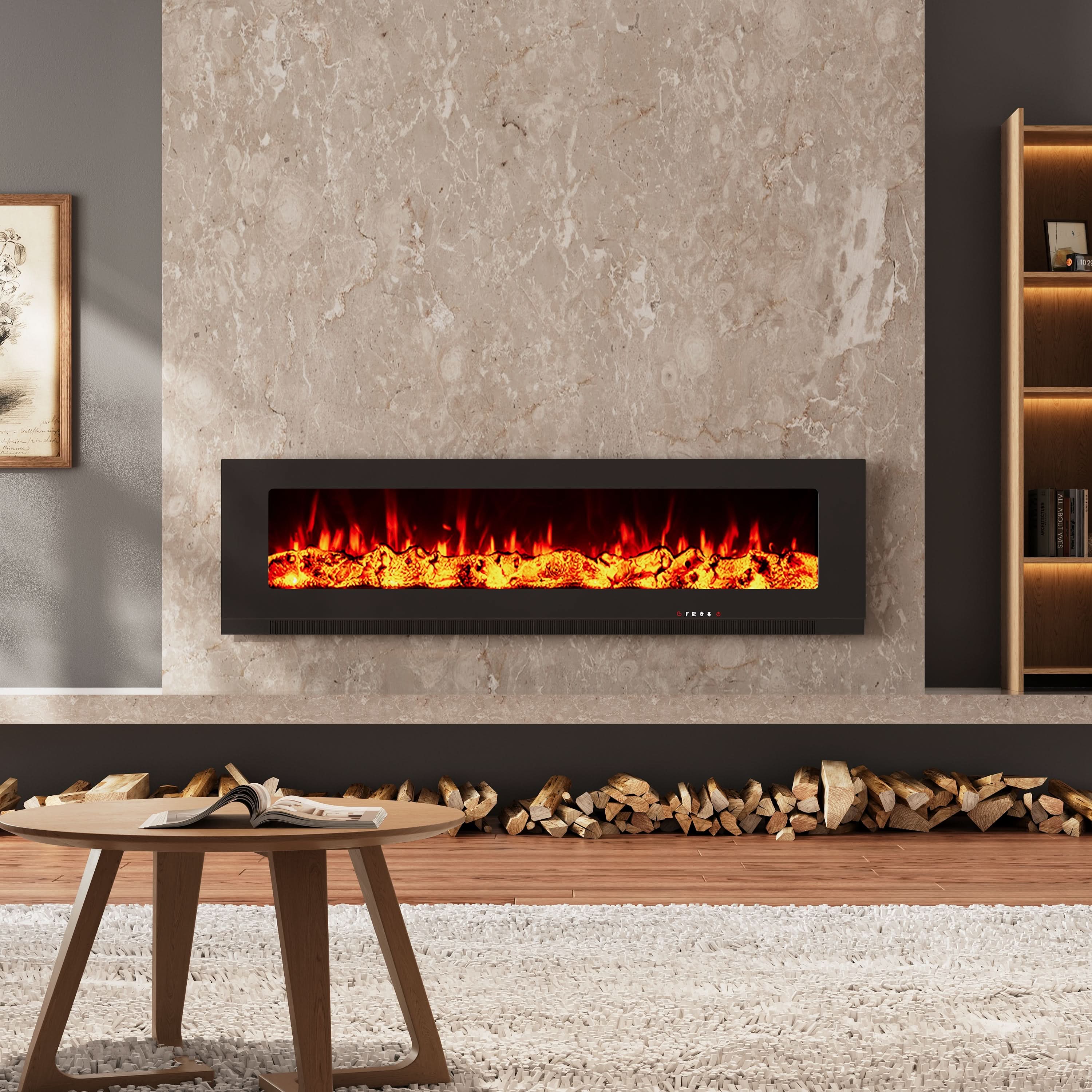 Wall Mounted Electric Fireplace – 12 Flame Colours & 5 Brightness Levels, Heats up to 400 sq ft (50/60/72 Inch)