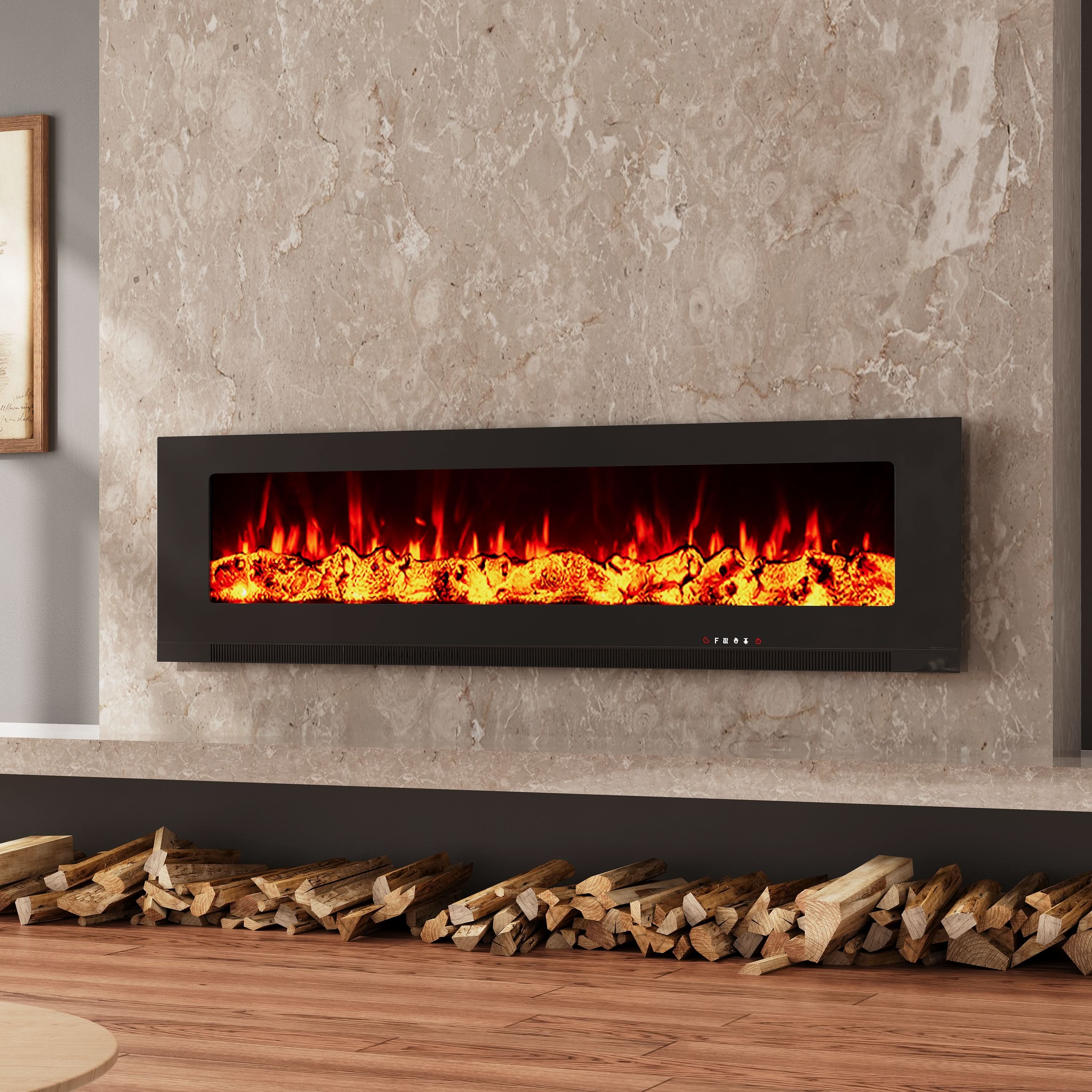 Wall Mounted Electric Fireplace – 12 Flame Colours & 5 Brightness Levels, Heats up to 400 sq ft (50/60/72 Inch)