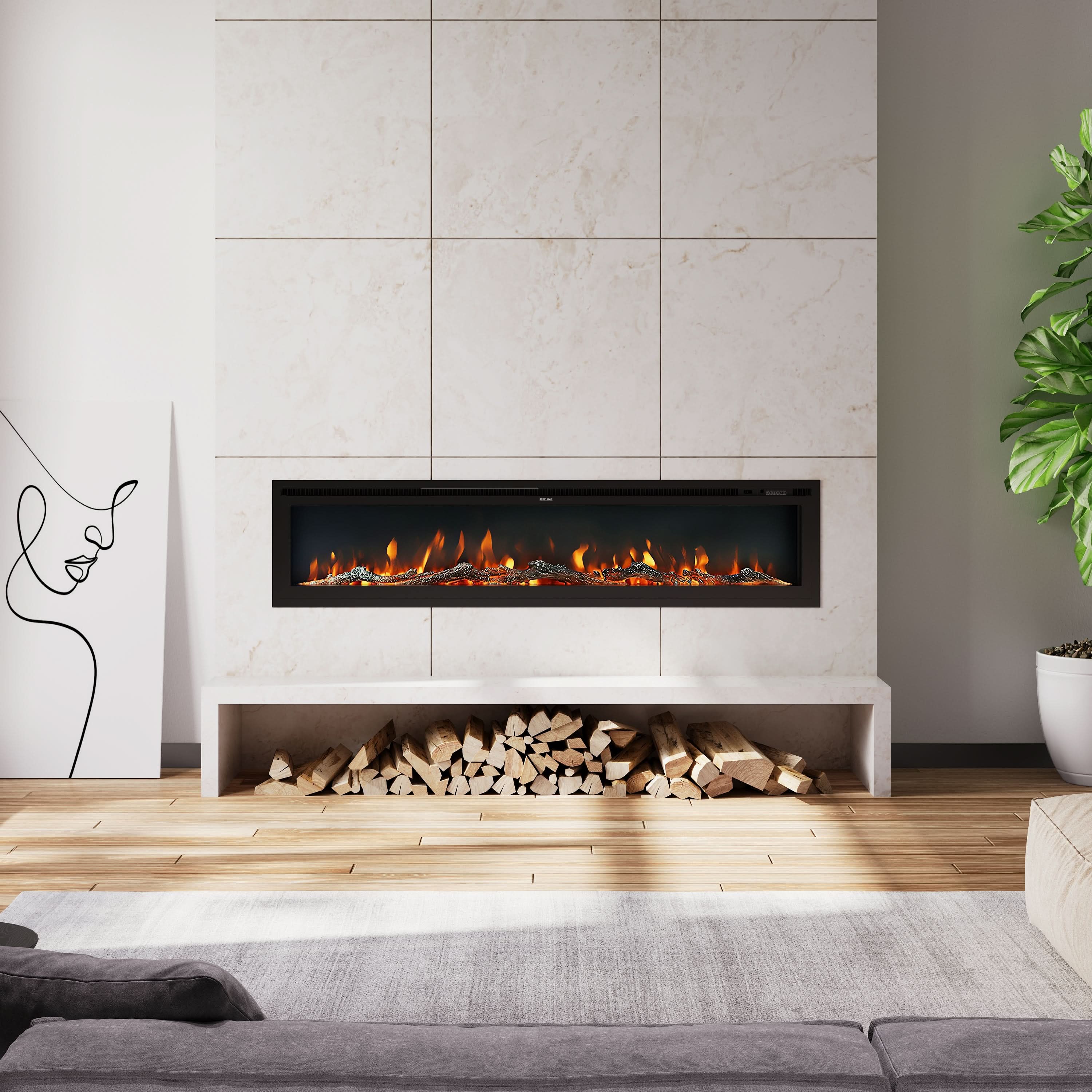Extra Wide Wall Mounted Electric Fireplace – 12 Flame Colours, Remote Control & Dual Heat (70/80/100 Inch)