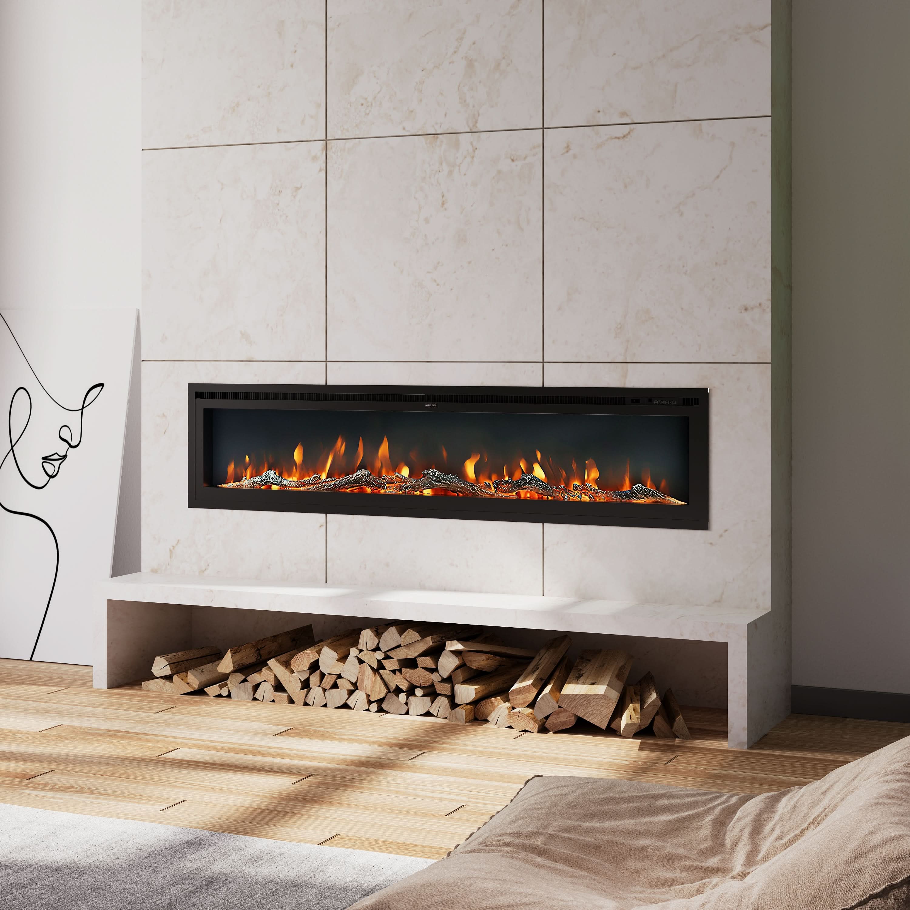 Extra Wide Wall Mounted Electric Fireplace – 12 Flame Colours, Remote Control & Dual Heat (70/80/100 Inch)