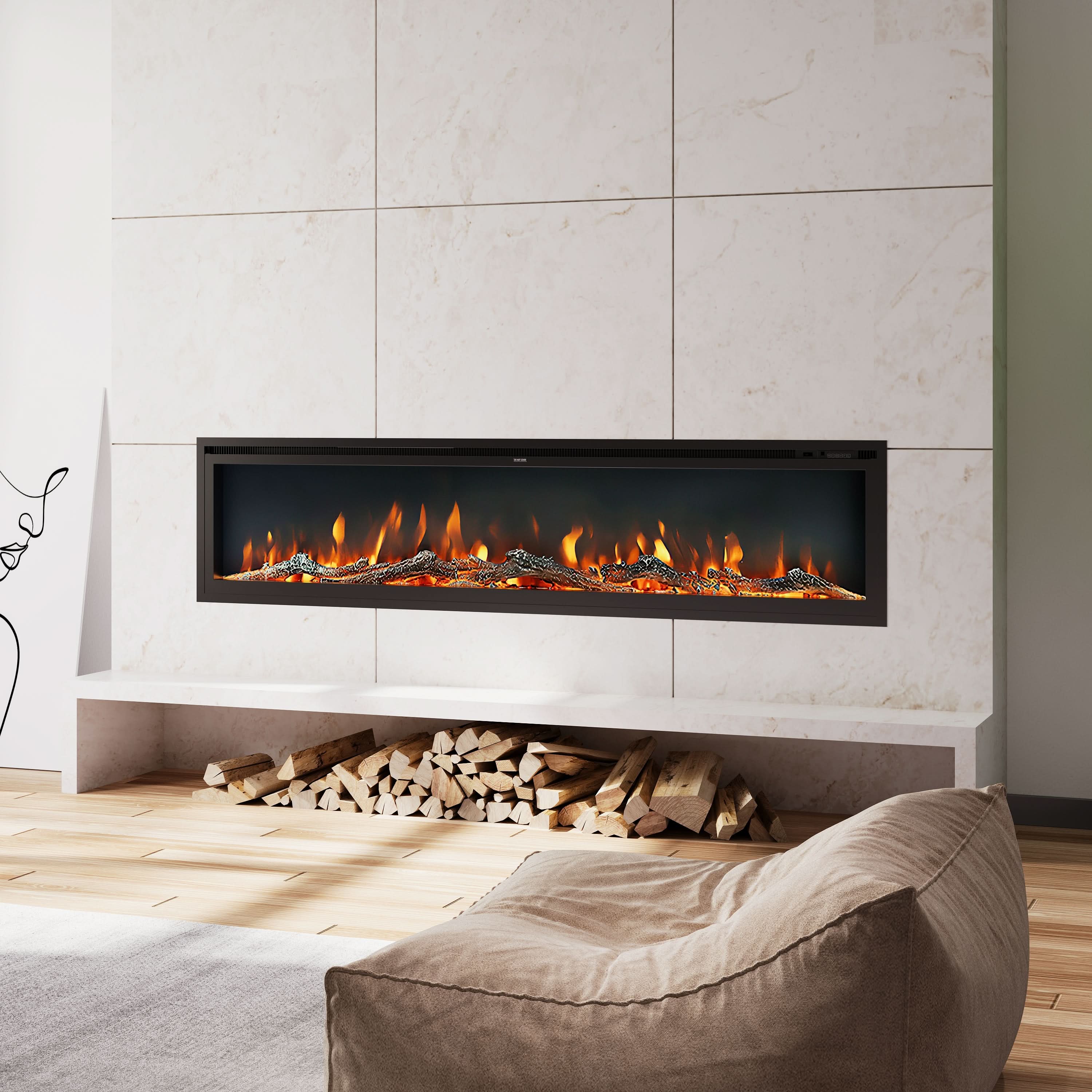 Extra Wide Wall Mounted Electric Fireplace – 12 Flame Colours, Remote Control & Dual Heat (70/80/100 Inch)