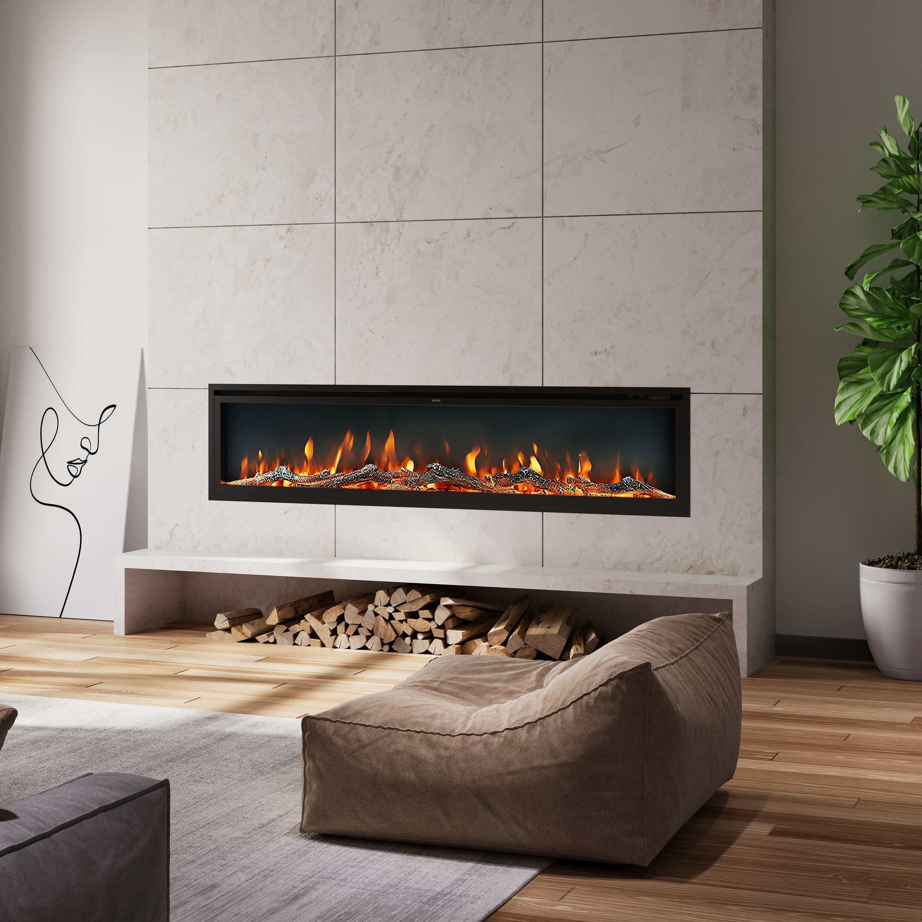 Extra Wide Wall Mounted Electric Fireplace – 12 Flame Colours, Remote Control & Dual Heat (70/80/100 Inch)