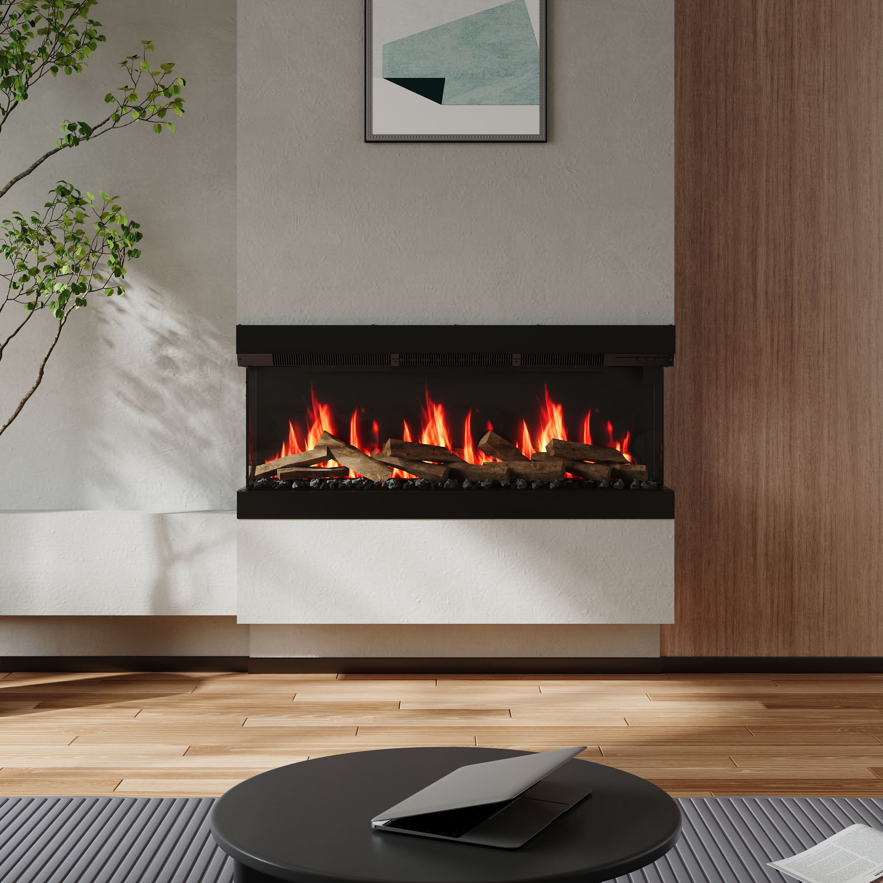 3-Sided Smart Electric Fireplace – WiFi & Remote Control, 12 Flame Colours with Gradient Effects (50/60 Inch)