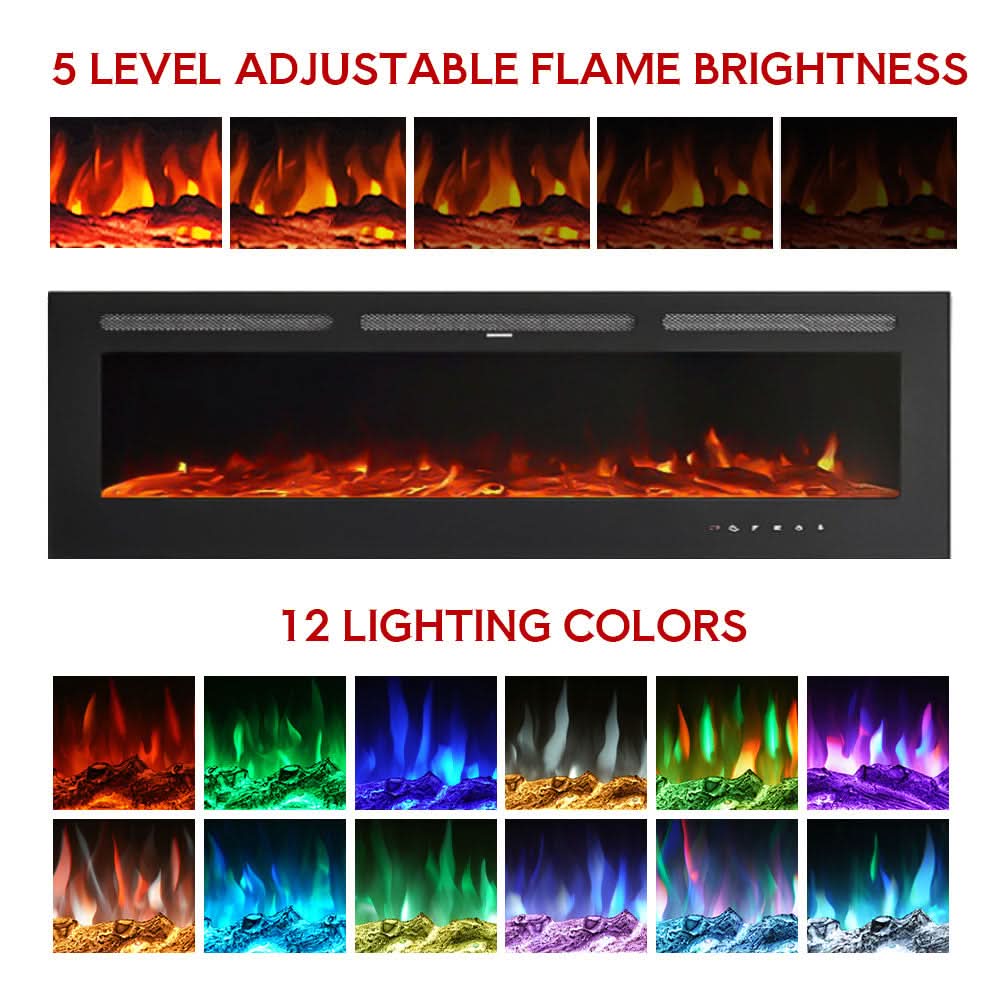 Recessed & Wall Mounted Electric Fireplace – 12 Flame Colours, 5120 BTU/h & Remote Control (40/50/60/70/80 Inch)