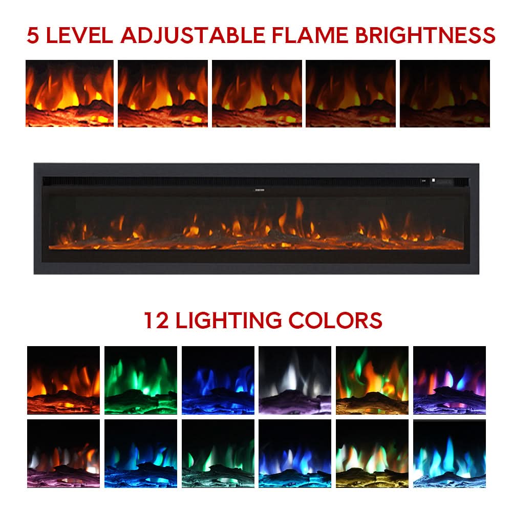 Extra Wide Wall Mounted Electric Fireplace – 12 Flame Colours, Remote Control & Dual Heat (70/80/100 Inch)