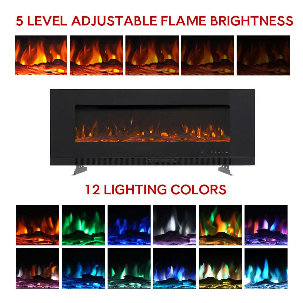 Wall Mounted Electric Fireplace – 12 Flame Colours & 5 Brightness Levels, Heats up to 400 sq ft (50/60/72 Inch)