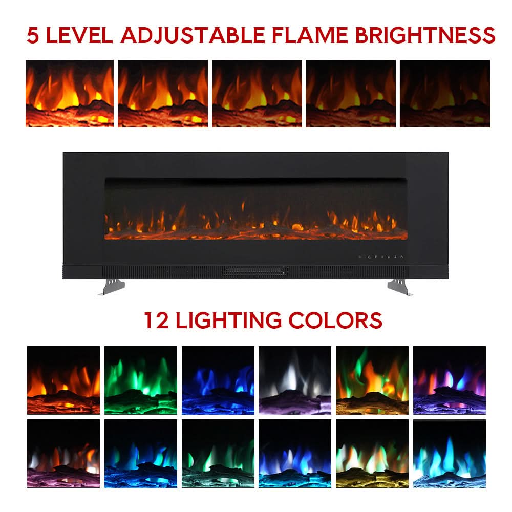 Wall Mounted Electric Fireplace – 12 Flame Colours & 5 Brightness Levels, Heats up to 400 sq ft (50/60/72 Inch)