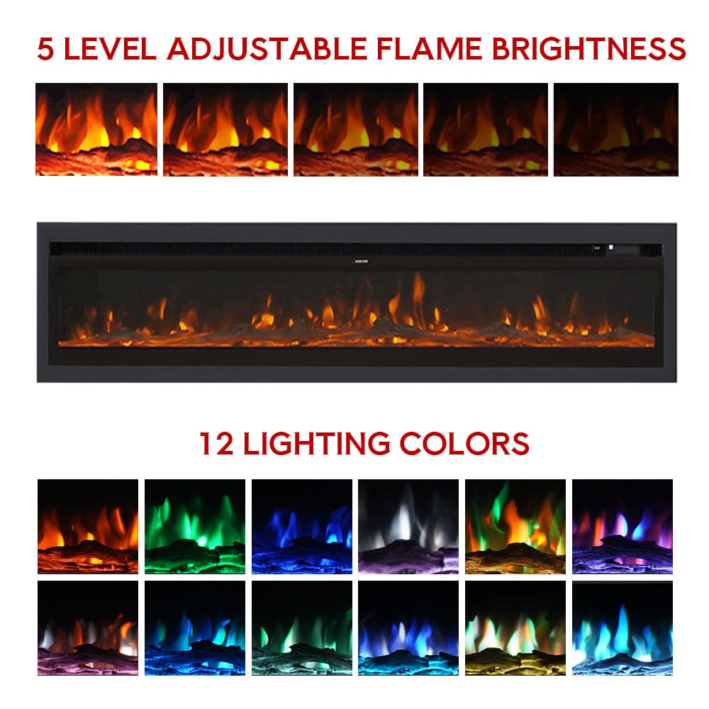 Extra Wide Wall Mounted Electric Fireplace – 12 Flame Colours, Remote Control & Dual Heat (70/80/100 Inch)