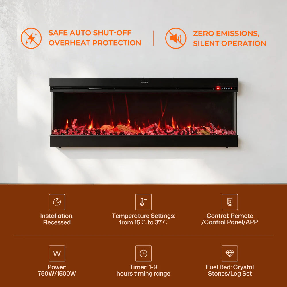 3-Sided Panoramic Electric Fireplace – WiFi App Control, Crackling Sound & 12 Flame Colours (50/60/70 Inch)
