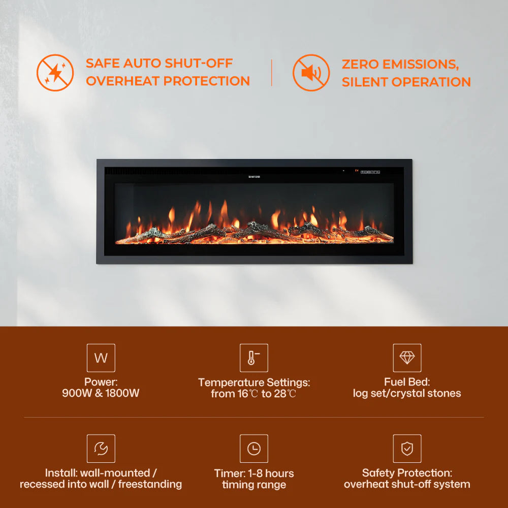 Recessed & Wall Mounted LED Electric Fireplace – 12 Flame Colours, Thermostat & Remote (40/50/60 Inch)