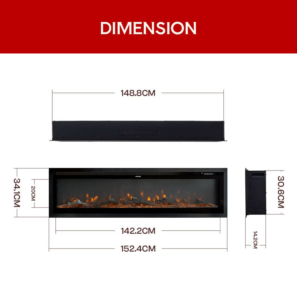 Recessed & Wall Mounted LED Electric Fireplace – 12 Flame Colours, Thermostat & Remote (40/50/60 Inch)