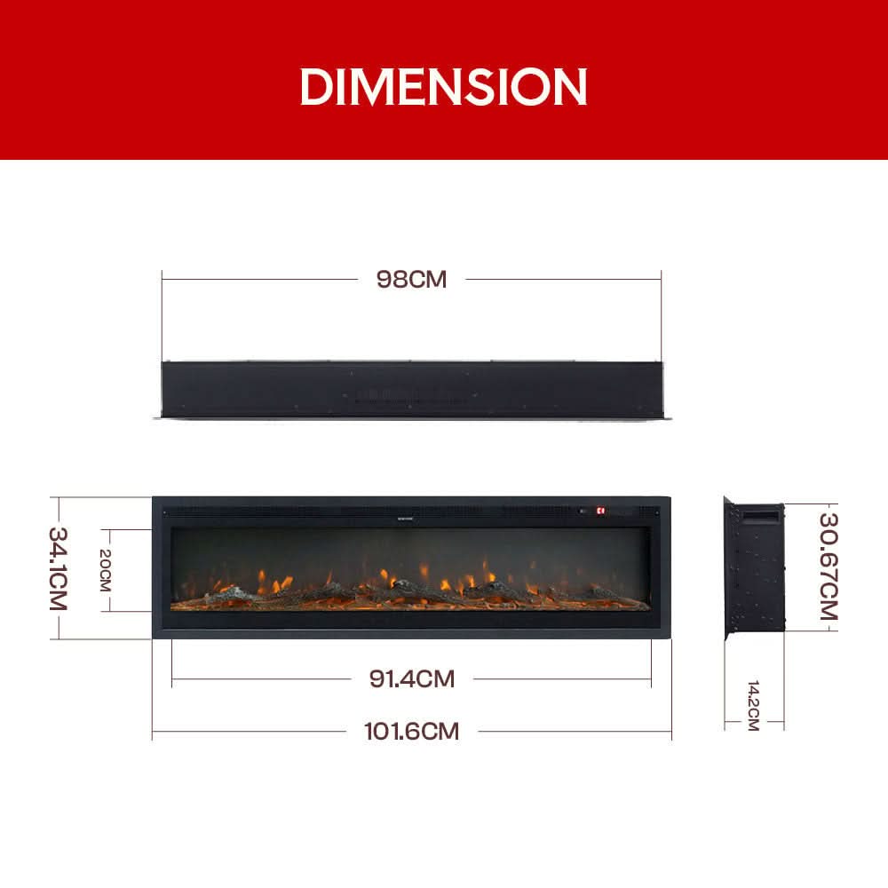Recessed & Wall Mounted LED Electric Fireplace – 12 Flame Colours, Thermostat & Remote (40/50/60 Inch)