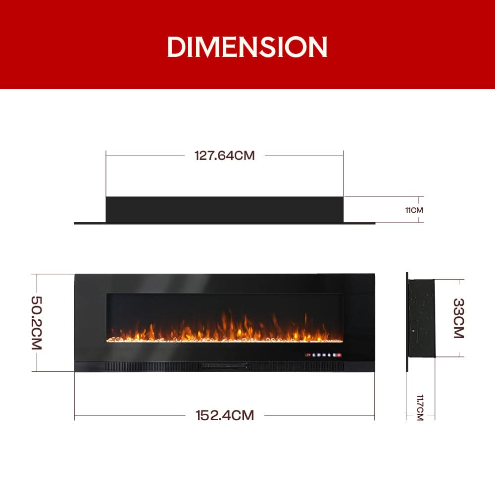 Wall Mounted Electric Fireplace – 12 Flame Colours & 5 Brightness Levels, Heats up to 400 sq ft (50/60/72 Inch)